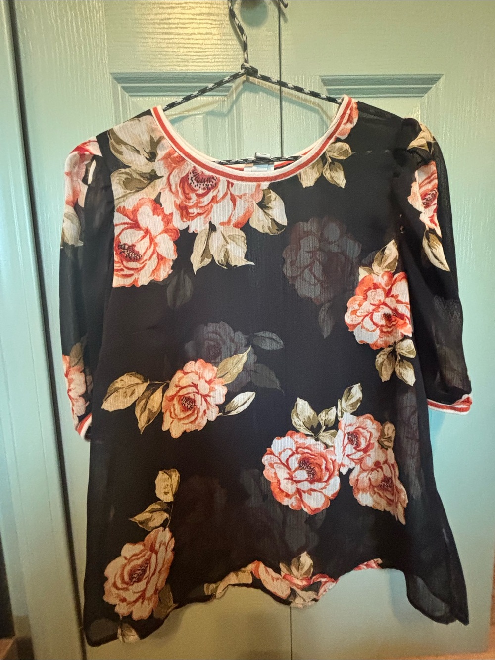 Floral Black Sheer Blouse with Pink Rose Print